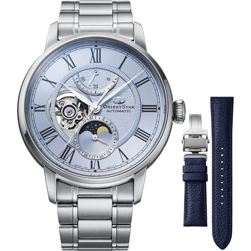 Orient Star Moon Phase 41mm Semi Skeleton Limited Edition Blue Dial Steel and Leather Mens Automatic Watch RE-BT0007L00B