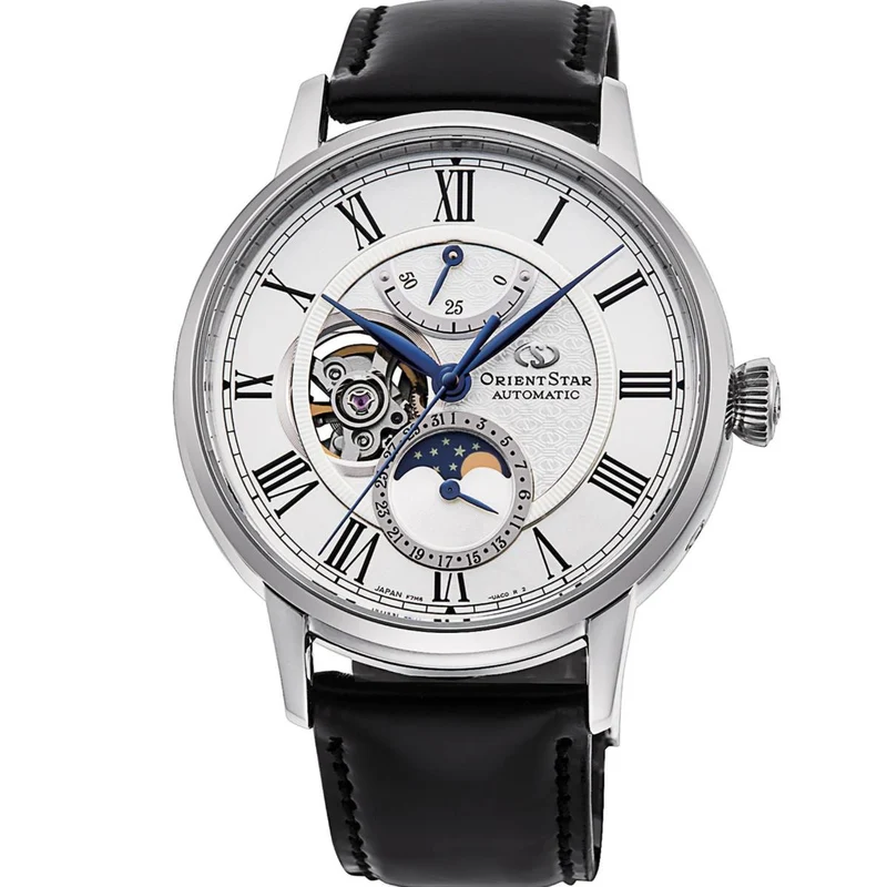 Orient Star Moon Phase 41mm Semi Skeleton White Dial Cordovan Mens Automatic Watch RE-AY0106S00B