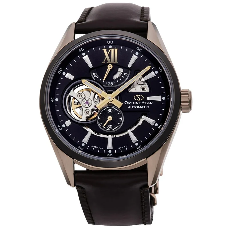 Orient Star Semi Skeleton 41mm Power Reserve Black Dial Leather Mens Automatic Watch RE-AV0115B00B