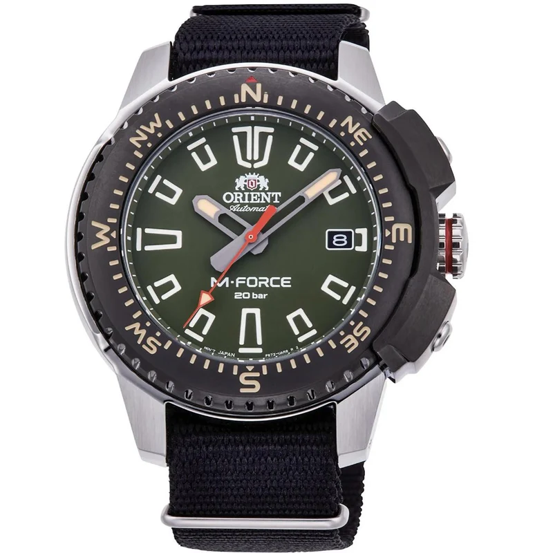 Orient M-Force 45mm Green Dial NATO Mens Automatic Watch RA-AC0N03E30B