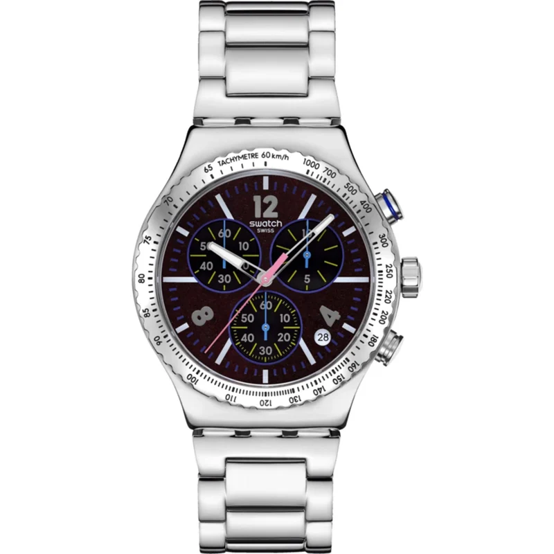 Swatch Irony Purple Glow Chronograph Black Dial Steel Strap Watch YVS533G