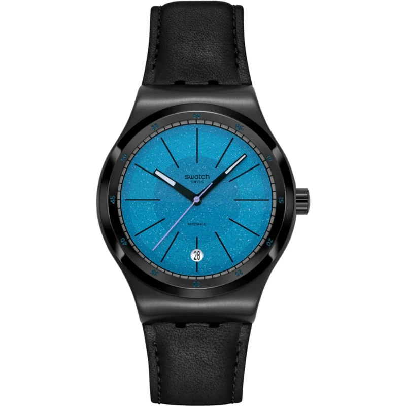 Swatch Irony Blackcloack Mechanism Blue Dial Leather Strap Watch YIB408