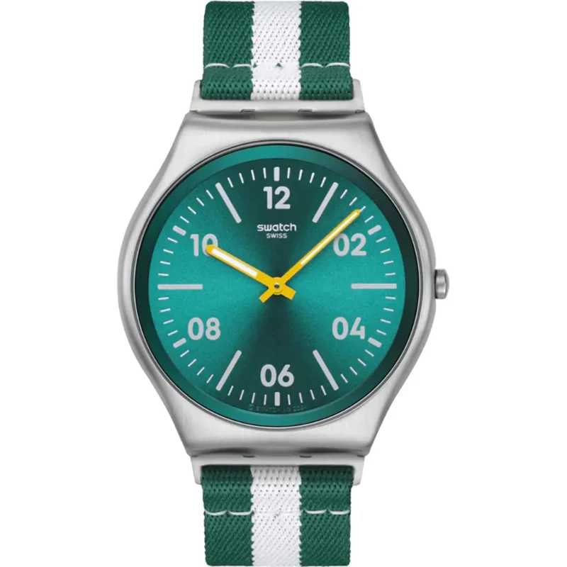 Swatch Skin Irony Casual Stripe Green Dial Textile Strap Watch SS07S149