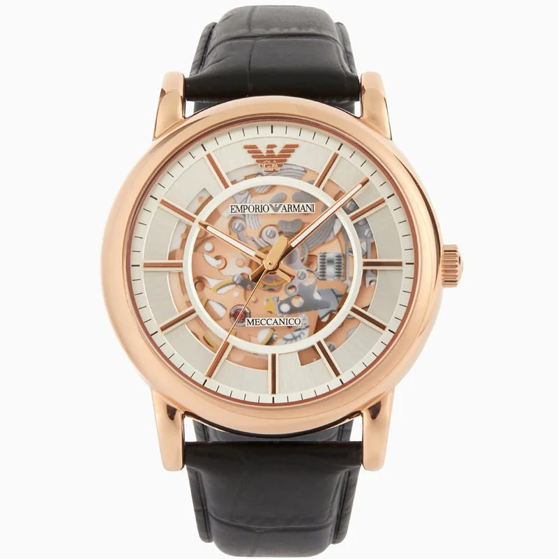 Emporio Armani Meccanico 43mm Silver Dial Leather Mens Quartz Watch AR60007