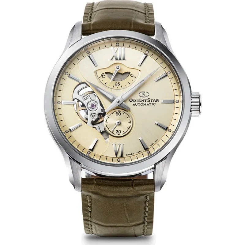 Orient Star Layered Skeleton 41mm Power Reserve Champagne Dial Leather Mens Automatic Watch RE-AV0B10G00B