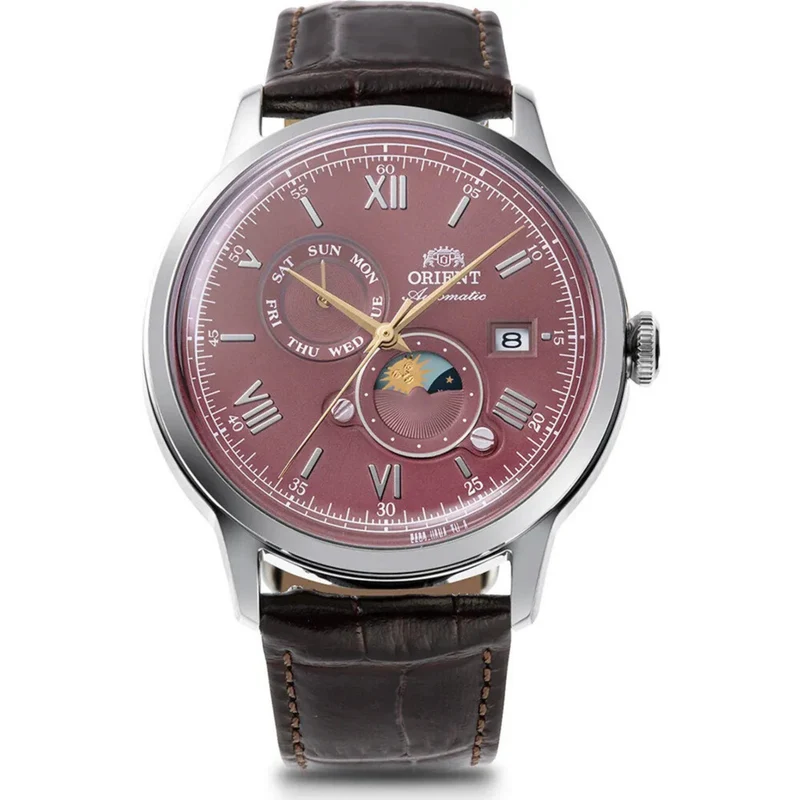 Orient Bambino 41.5mm Sun & Moon Red Dial Leather Mens Automatic Watch RA-AK0807R30B