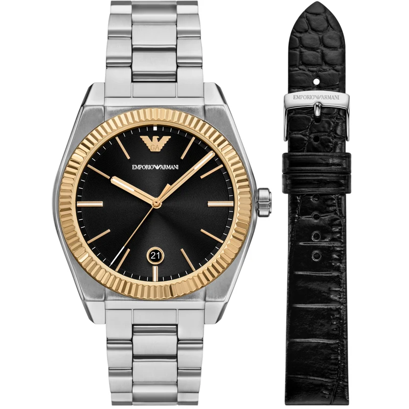 Emporio Armani Gianni T-Bar 41mm Black Dial Steel Leather Mens Quartz Watch and Bracelet AR80077SET