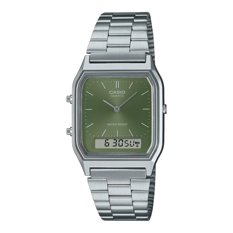Casio Vintage Quartz Green Dial Steel Strap Watch AQ-230A-3AMQYES