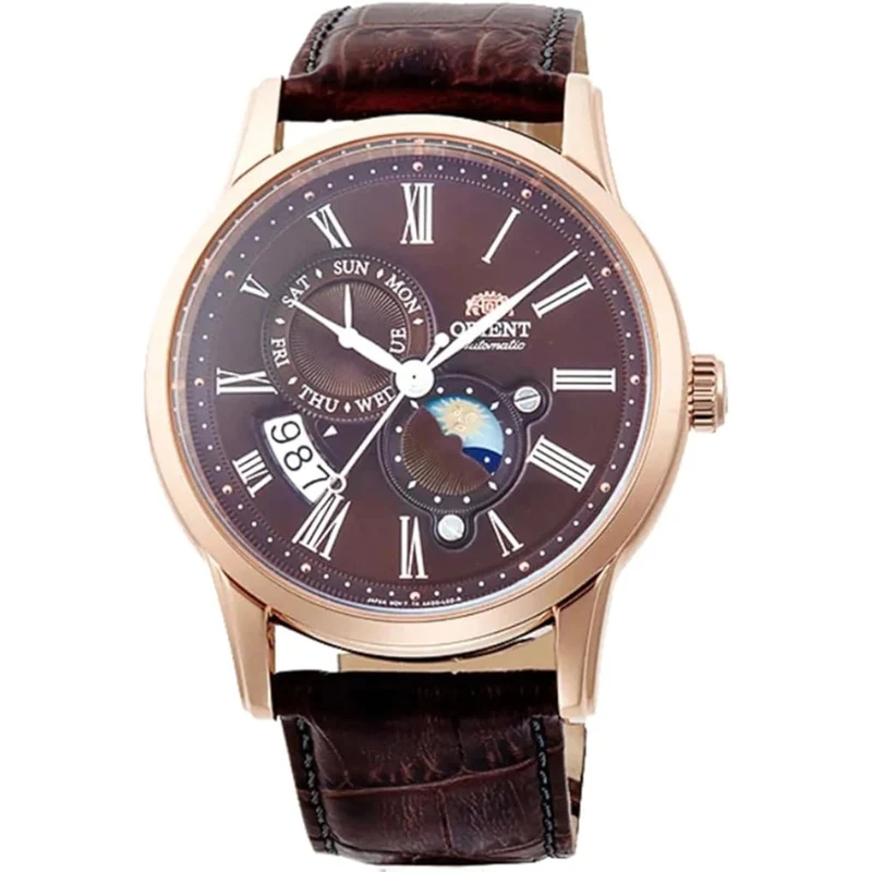 Orient Bambino 42.5mm Sun & Moon Brown Dial Leather Mens Automatic Watch RA-AK0009T10B