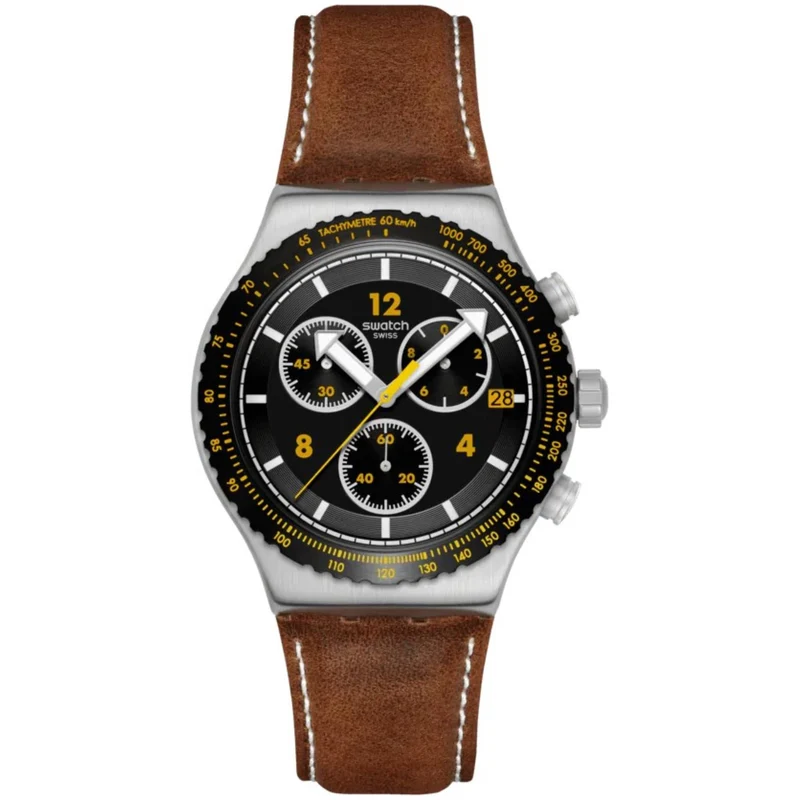 Swatch Canyon Chaser Black Dial Leather Watch YVS530