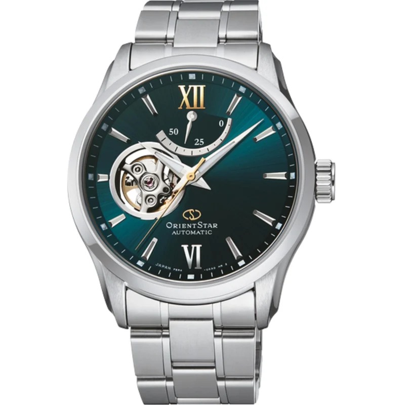 Orient Star Semi Skeleton 39mm Power Reserve Green Dial Steel Mens Automatic Watch RE-AT0002E00B
