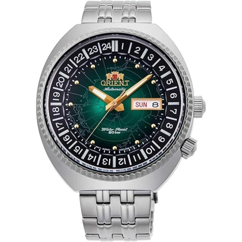 Orient World Map 43mm Revival Green Dial Steel Mens Automatic Watch RA-AA0E02E19B