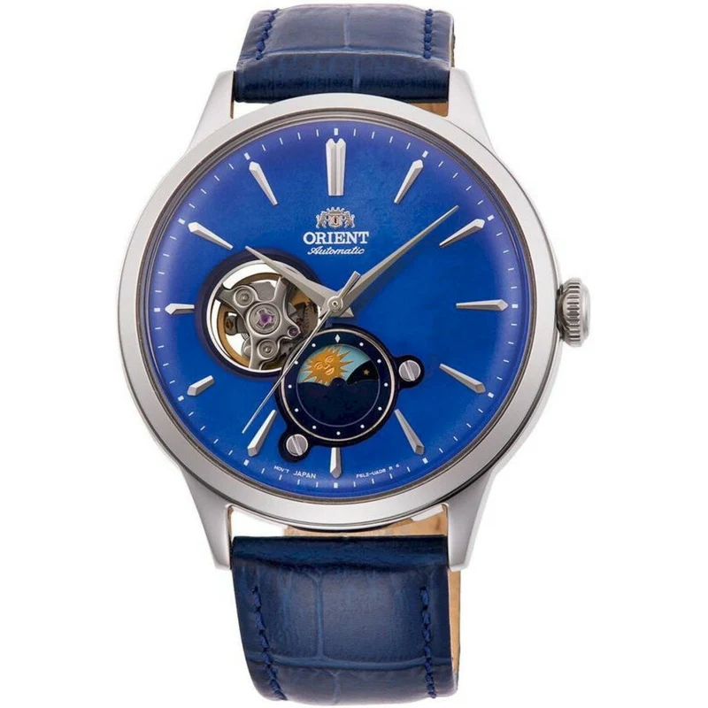Orient Sun & Moon 41.5mm Blue Dial Leather Mens Automatic Watch RA-AS0103A30B