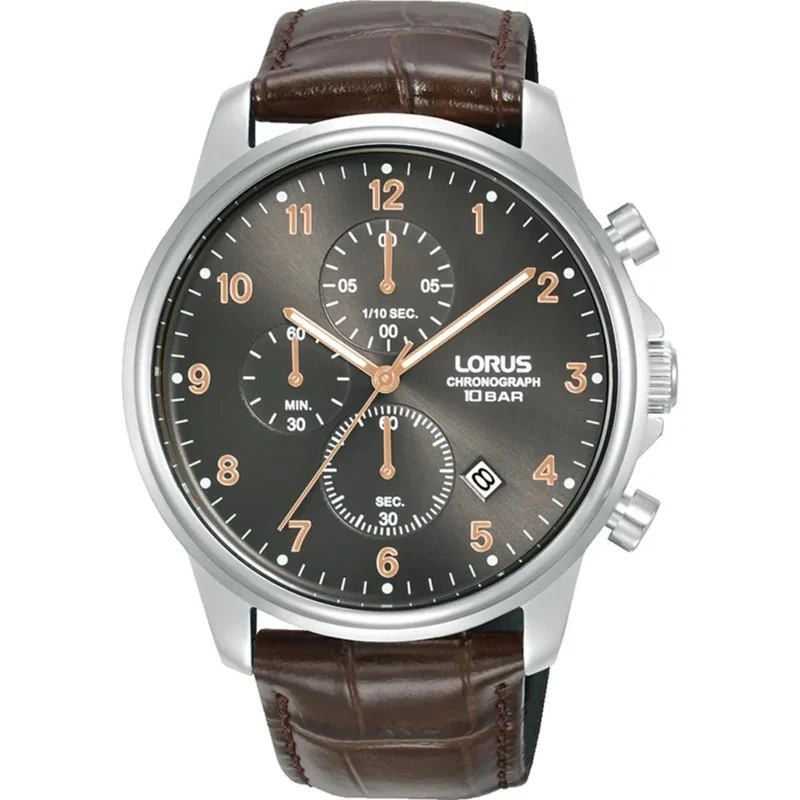 Lorus Chronograph Brown Leather Strap Dark Grey Sunray Dial Men's Watch RM343JX9