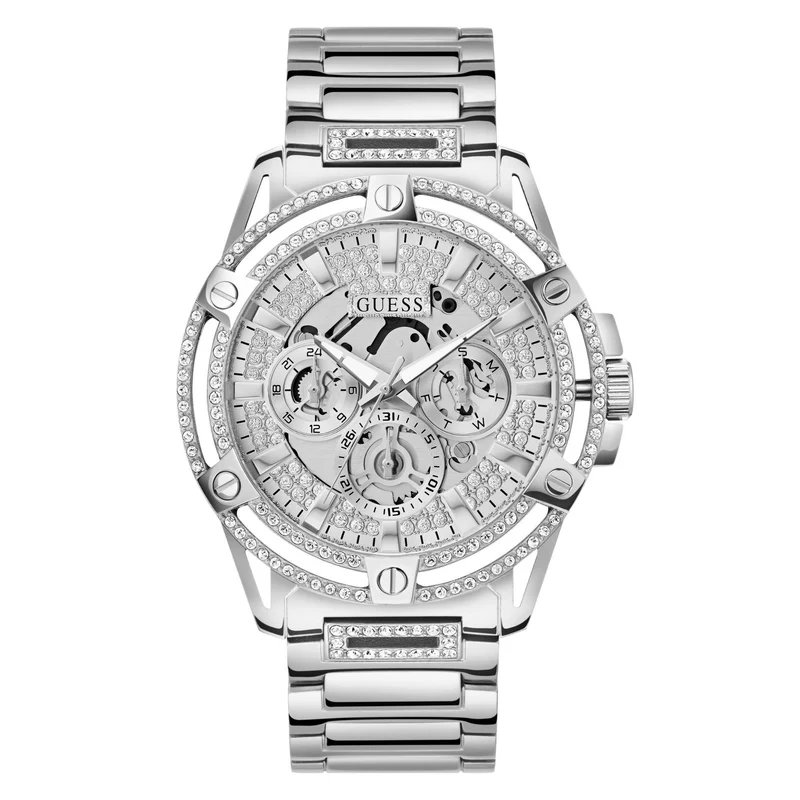 Guess Steel Multifunction Crystallized Day-Date Silver Dial Men’s Watch GW0497G1