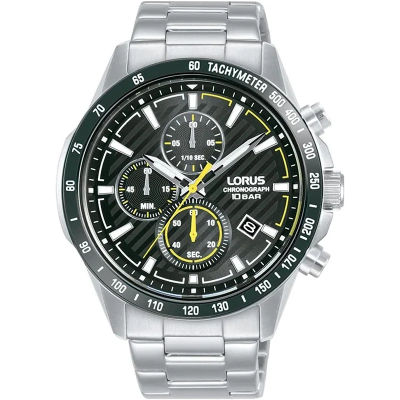 Lorus Chronograph Men's Watch Black Sunray Dial Yellow Highlights Stainless Steel Strap RM397HX9