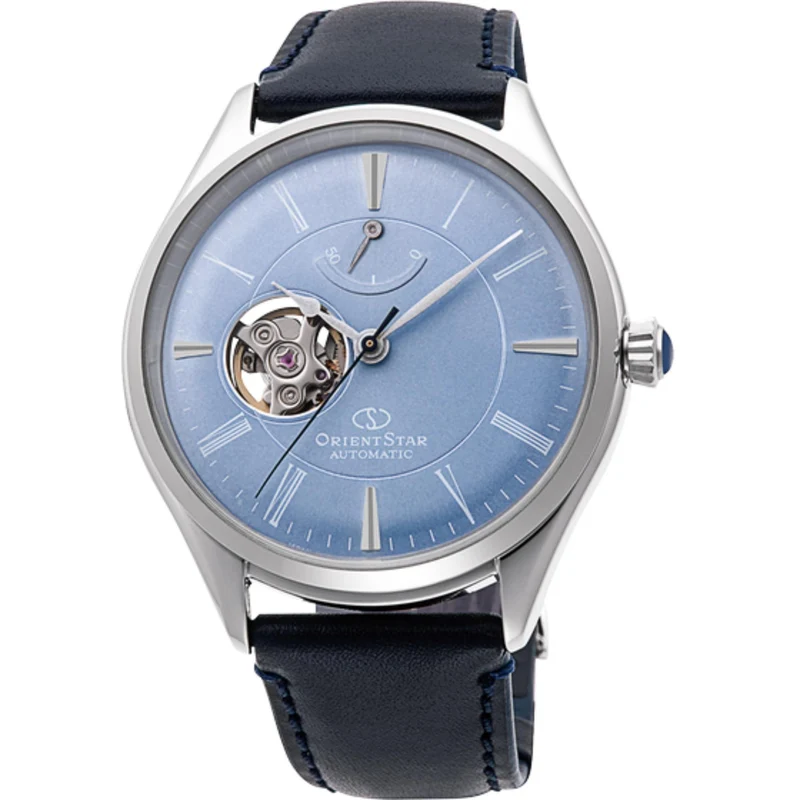 Orient Star Semi Skeleton 40mm Power Reserve Blue Dial Leather Mens Automatic Watch RE-AT0203L00B