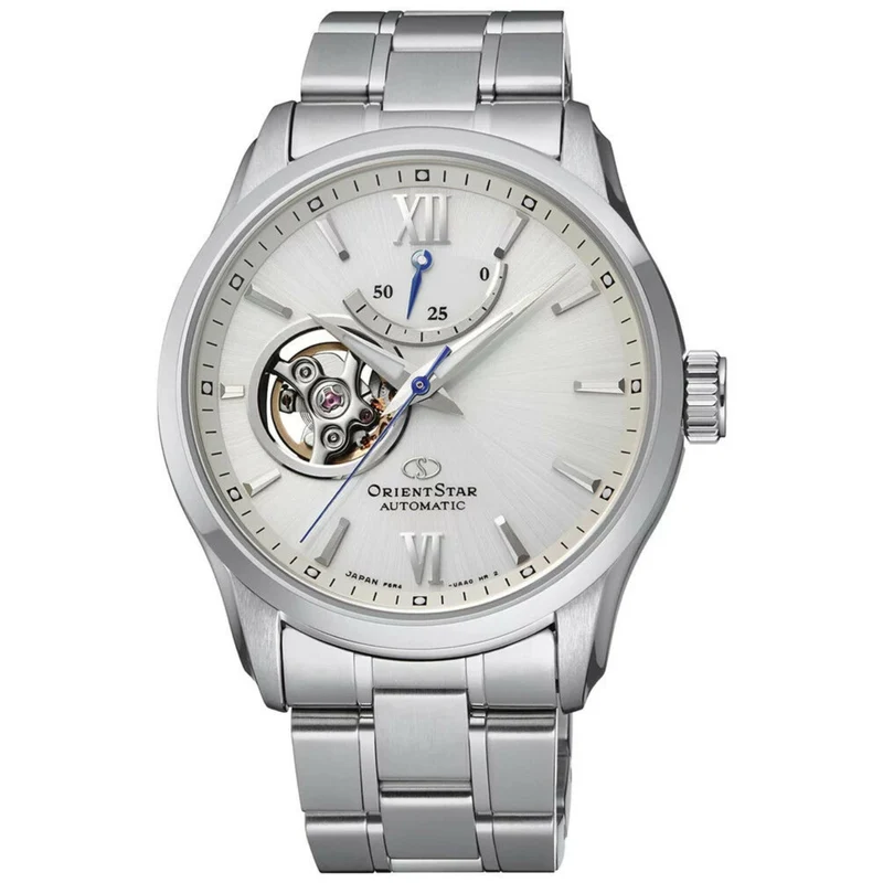 Orient Star Semi Skeleton 39mm Power Reserve White Dial Steel Mens Automatic Watch RE-AT0003S00B