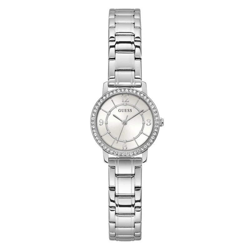 GUESS Ladies Silver Tone Stainless Steel Strap Analog White Dial Watch GW0468L1
