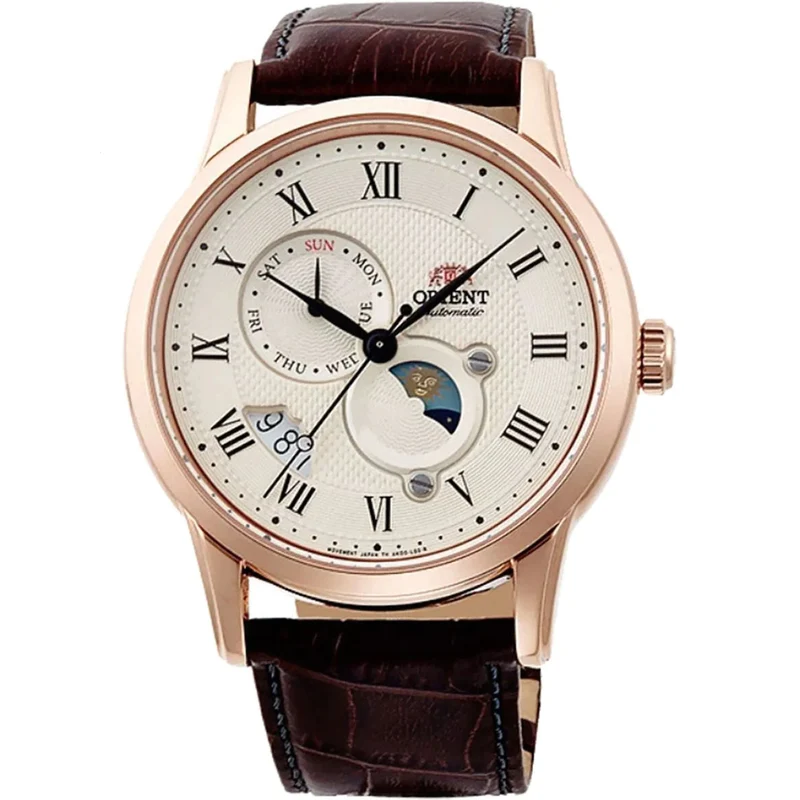 Orient Bambino 42.5mm Sun & Moon Champagne Dial Leather Mens Automatic Watch RA-AK0007S30B