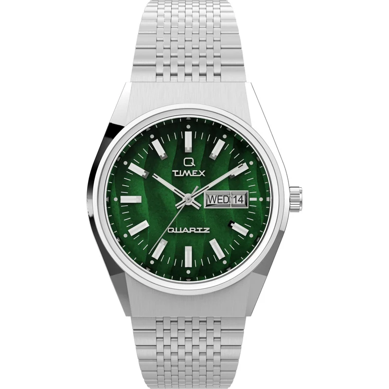 Timex Q 38mm Green Dial Steel Mens Quartz Watch TW2U95400