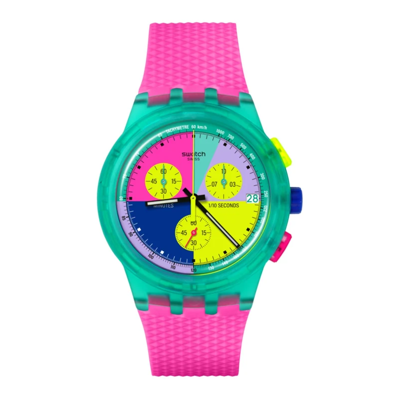 Swatch Neon Flash Arrow Chronograph Multicolour Dial Pink Silicone Watch SUSG408