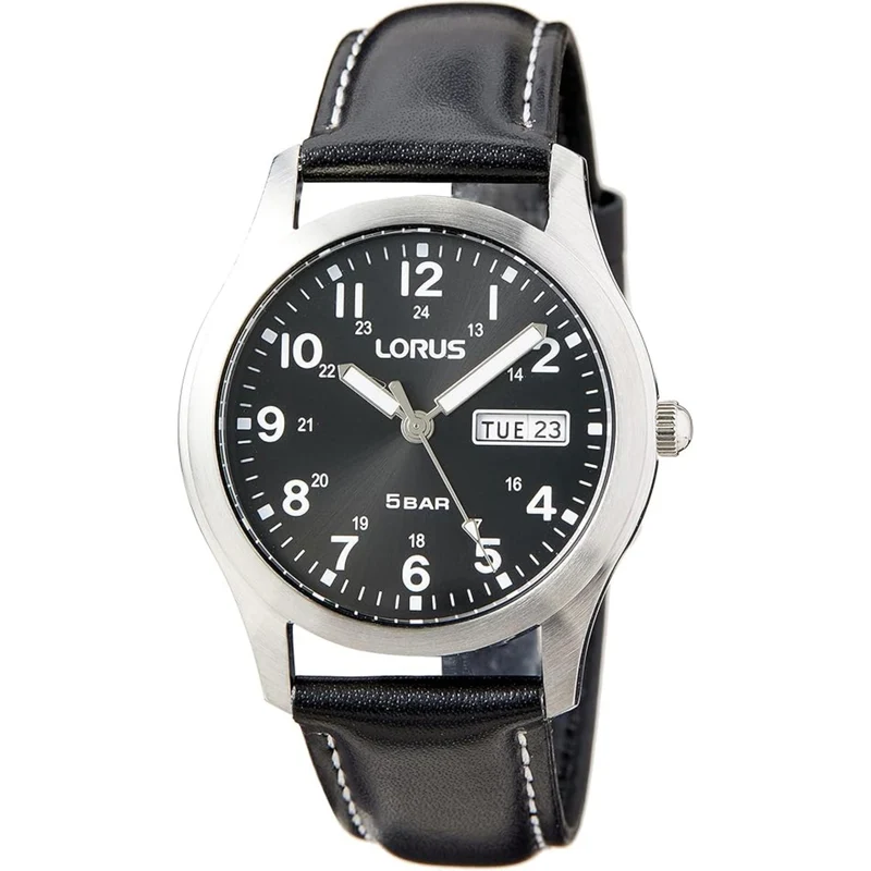 Lorus Black Leather Analogue Quartz Black Dial Men's Watch RXN79DX9