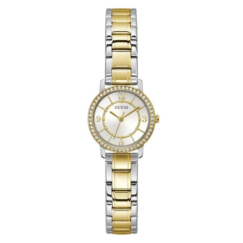 GUESS Ladies Silver/Gold Tone Two-Tone Stainless Steel Strap Analog White Dial Watch GW0468L4
