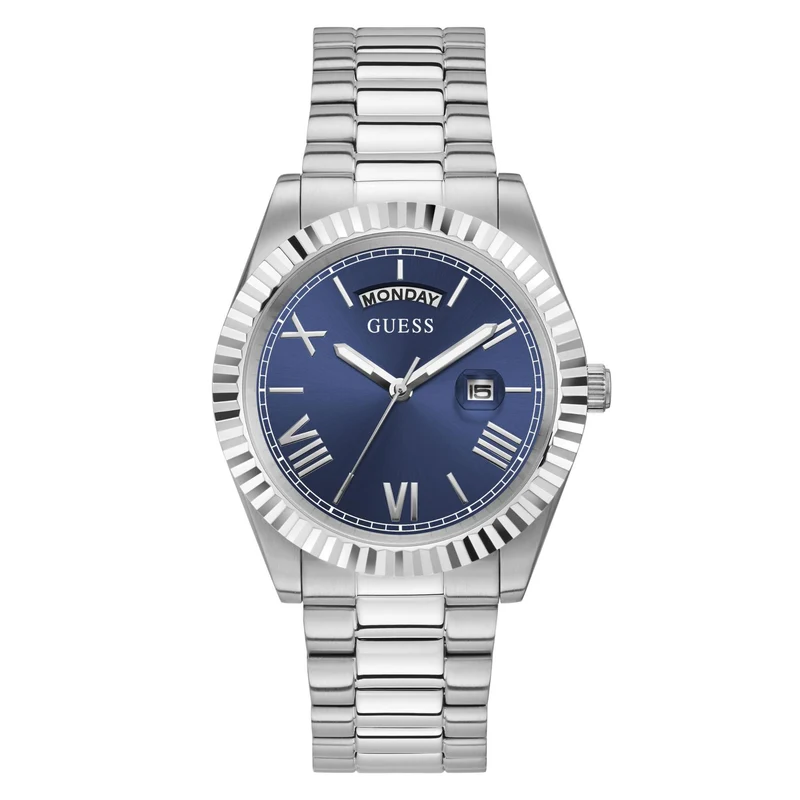 GUESS Men's Silver Tone Day/Date Blue Dial Watch with Stainless Steel Strap GW0265G7