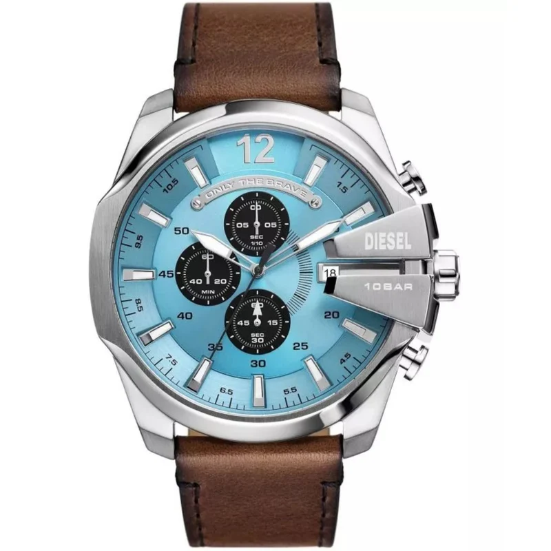 Diesel Mega Chief 50mm Chronograph Blue Dial Leather Mens Quartz Watch DZ4657