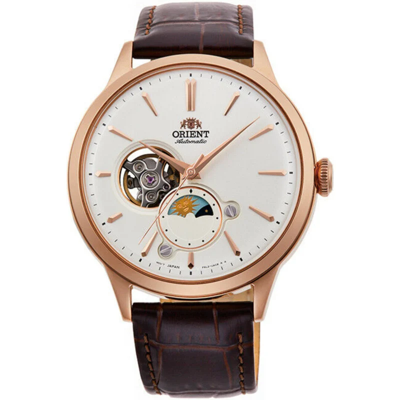 Orient Sun & Moon 42mm White Dial Leather Mens Automatic Watch RA-AS0102S30B
