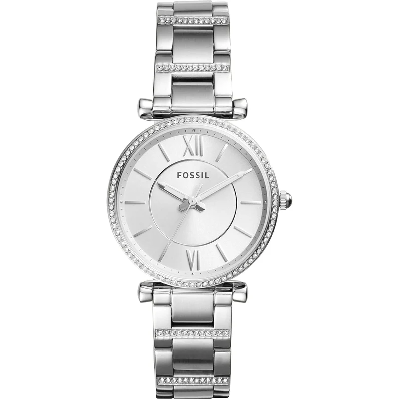 Fossil Carlie 35mm Silver Dial Steel Ladies Quartz Watch ES4341