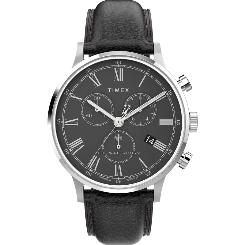 Timex Waterbury 40mm Chronograph Black Dial Leather Mens Quartz Watch TW2U88300