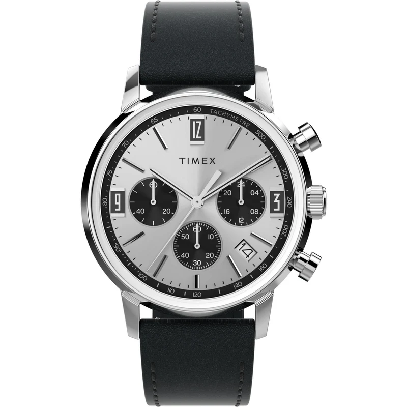 Timex Marlin 40mm Chronograph Silver Dial Leather Mens Quartz Watch TW2W10300