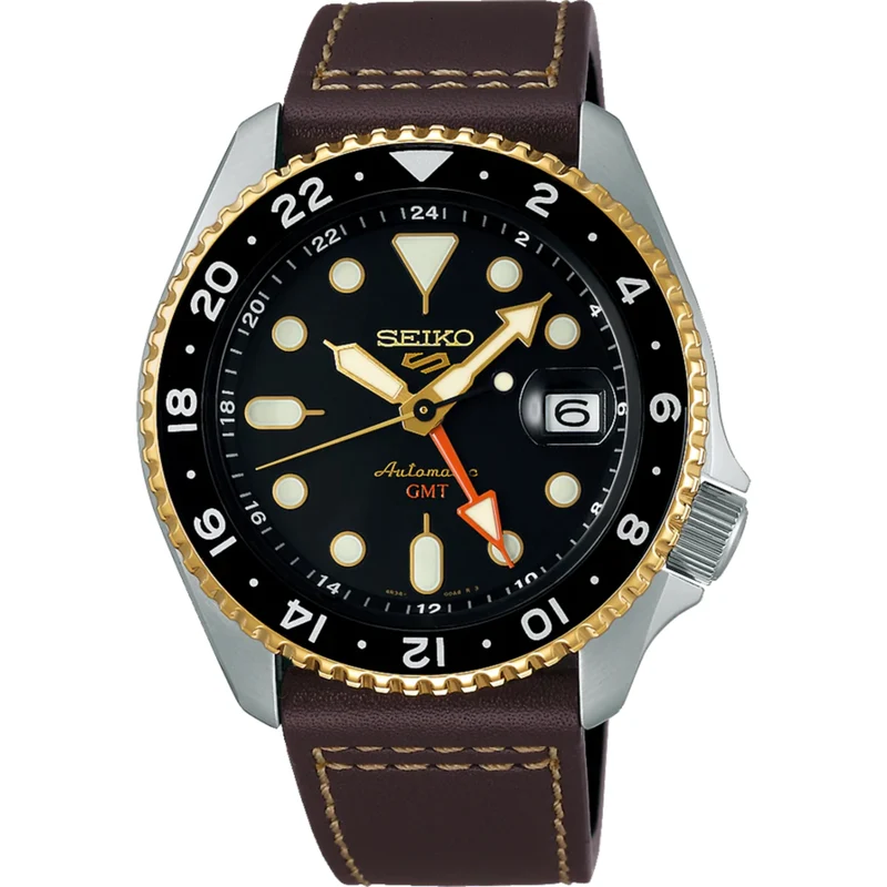 Seiko 5 Sports SKX GMT Mocha Automatic Black Dial Brown Leather Strap Men’s Watch SSK036K1