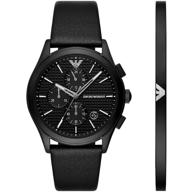 Emporio Armani Paolo 42mm Chronograph Black Dial Leather Mens Quartz Watch and Bracelet Gift Set AR80070SET