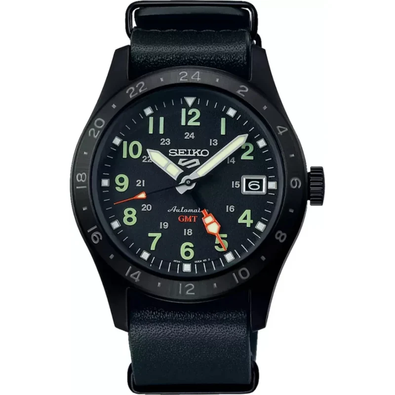 Seiko 5 Sports Field Deception Mechanical GMT Automatic Black Dial Black Leather Strap Bracelet Men's Watch SSK025K1