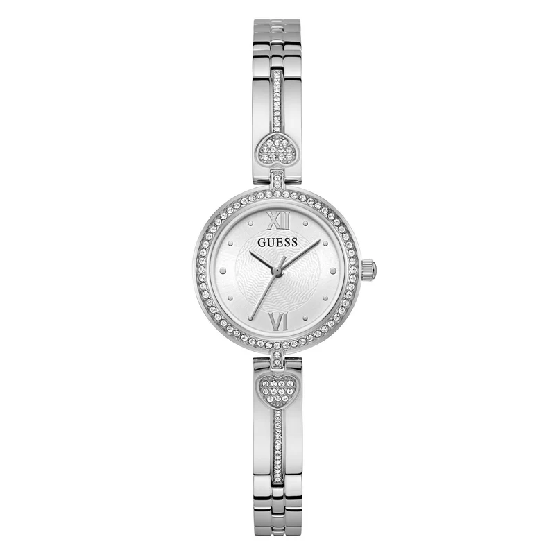 GUESS Ladies Silver Tone Analog Stainless Steel White Dial Watch GW0655L1