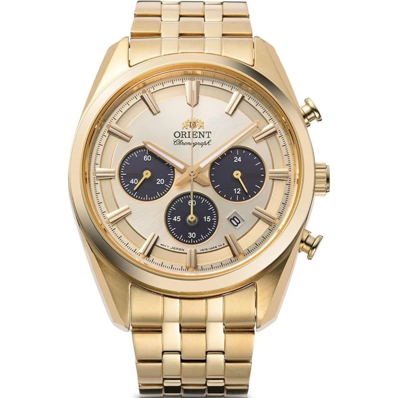Orient Stretto 40mm Chronograph Champagne Dial Steel Mens Solar Watch RA-TX0301G10B