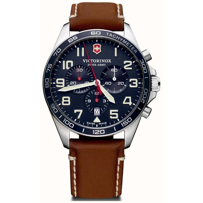 Victorinox FieldForce 42mm Chronograph Blue Dial Leather Mens Quartz Watch 241854