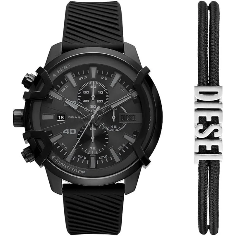 Diesel Griffed 48mm Chronograph Black Dial Silicone Mens Quartz Watch and Bracelet Set DZ4650SET