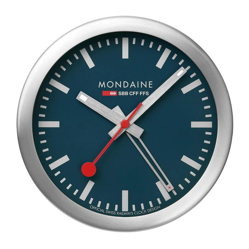 Mondaine 12.5cm Deepest Blue Face Silver Case Quartz Table and Alarm Clock A997.MCAL.46SBV.1