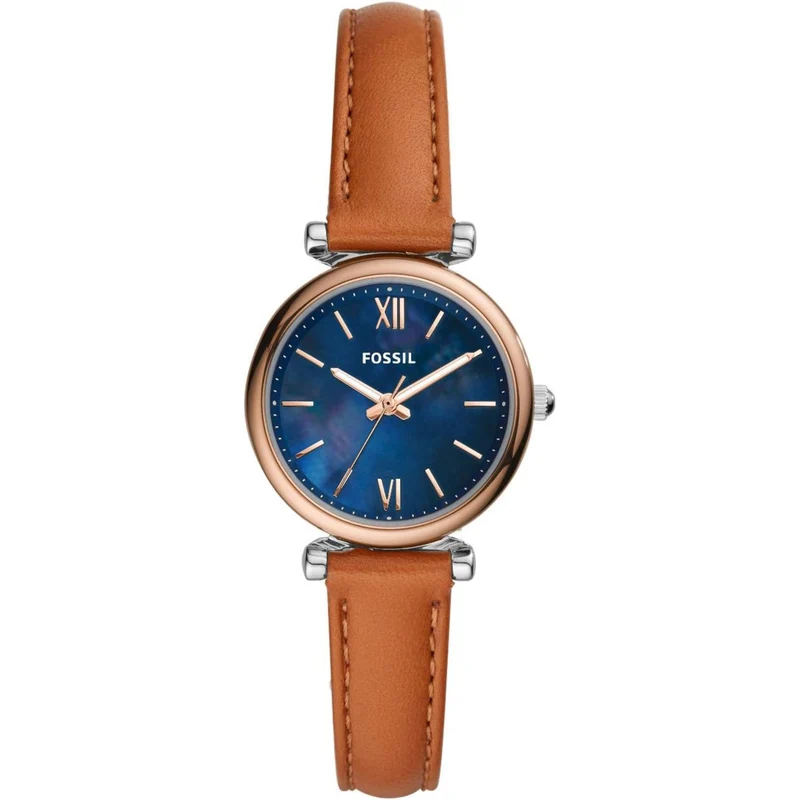 Fossil Carlie 28mm Blue Mother of Pearl Dial Leather Ladies Quartz Watch ES4701