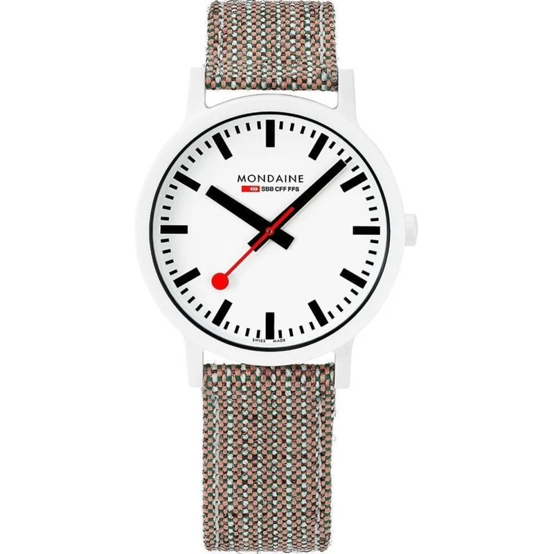 Mondaine Essence Quartz White Dial Brown Textile Strap Watch MS1.41110.LG