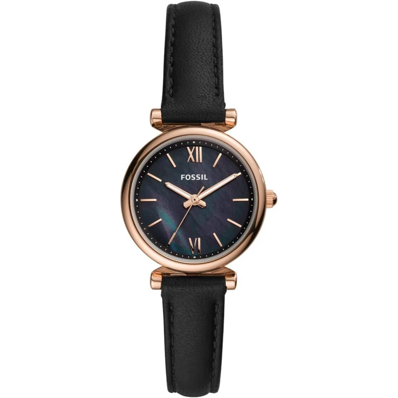 Fossil Carlie 28mm Black Dial Mother of Pearl Leather Ladies Quartz Watch ES4700
