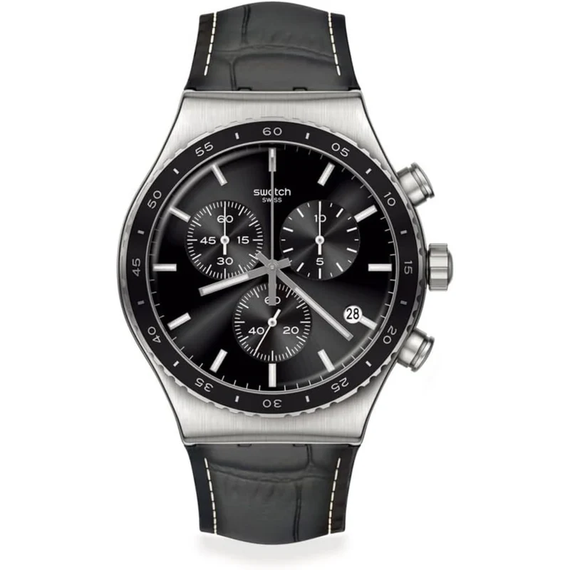 Swatch Irony Chrono Black Dial Leather Strap Men's Watch YVS495