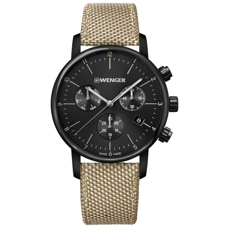Wenger Urban Classic Chronograph Quartz Black Dial Beige Textile Strap Men’s Watch 01.1743.117