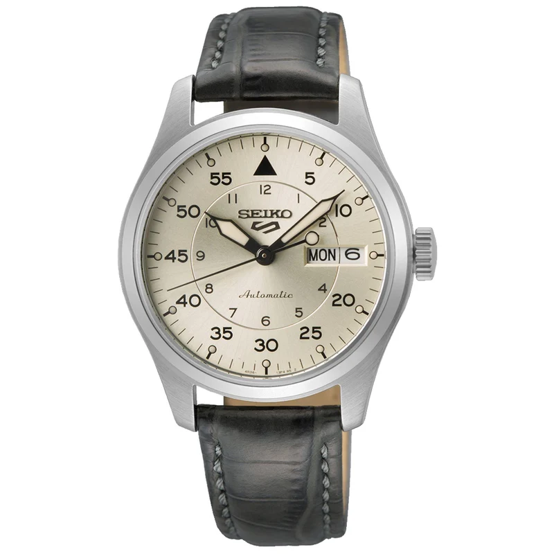 Seiko 5 Sports 'Champagne Flieger' Pilot/Aviation Style Automatic Champagne Dial Leather Strap Watch SRPJ87K1