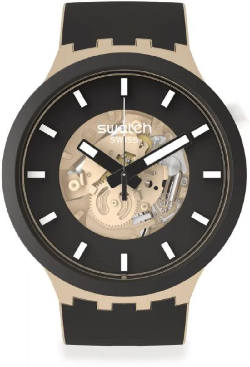 Swatch Big Bold Bioceramic Time For Taupe Quartz Black Dial Silicone Watch SB03C100