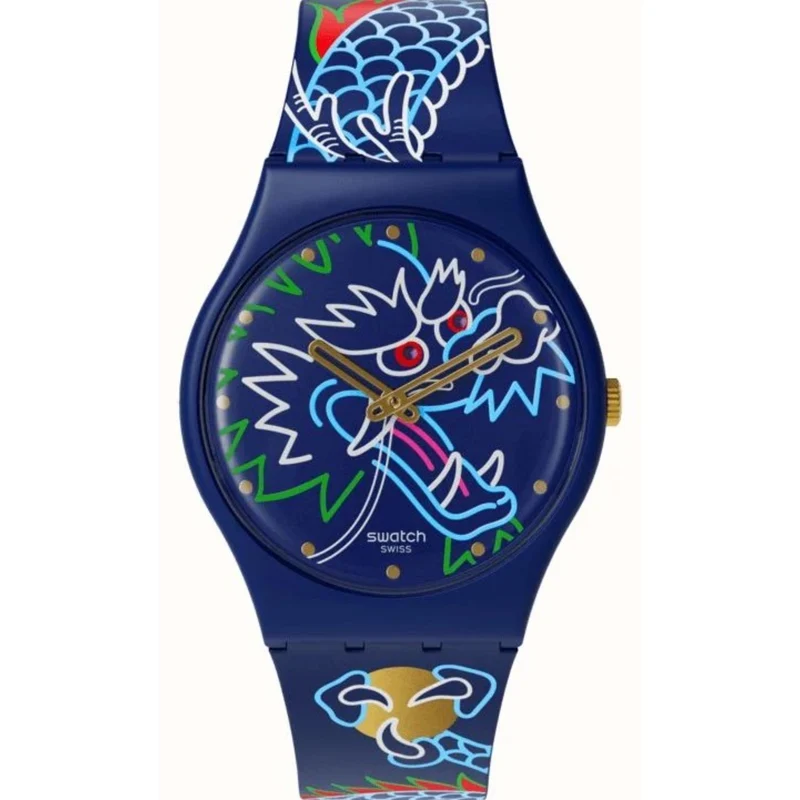 Swatch Dragon In Waves Quartz Blue Dial Silicone Watch SO28Z125